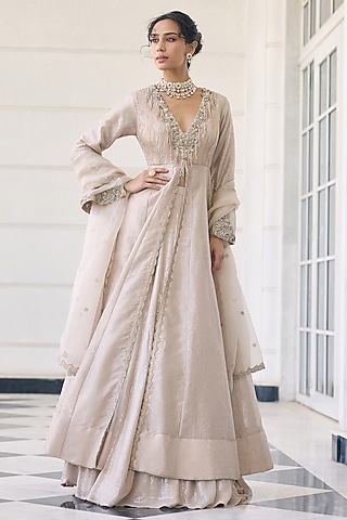 Ivory Tissue & Organza Embellished Anarkali Set  by AWIGNA BY VARSHA & RITTU
