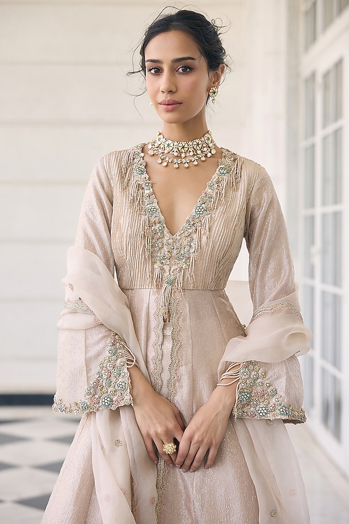 Ivory Tissue & Organza Embellished Bridal Anarkali Set by AWIGNA BY VARSHA & RITTU at Pernia's Pop Up Shop
