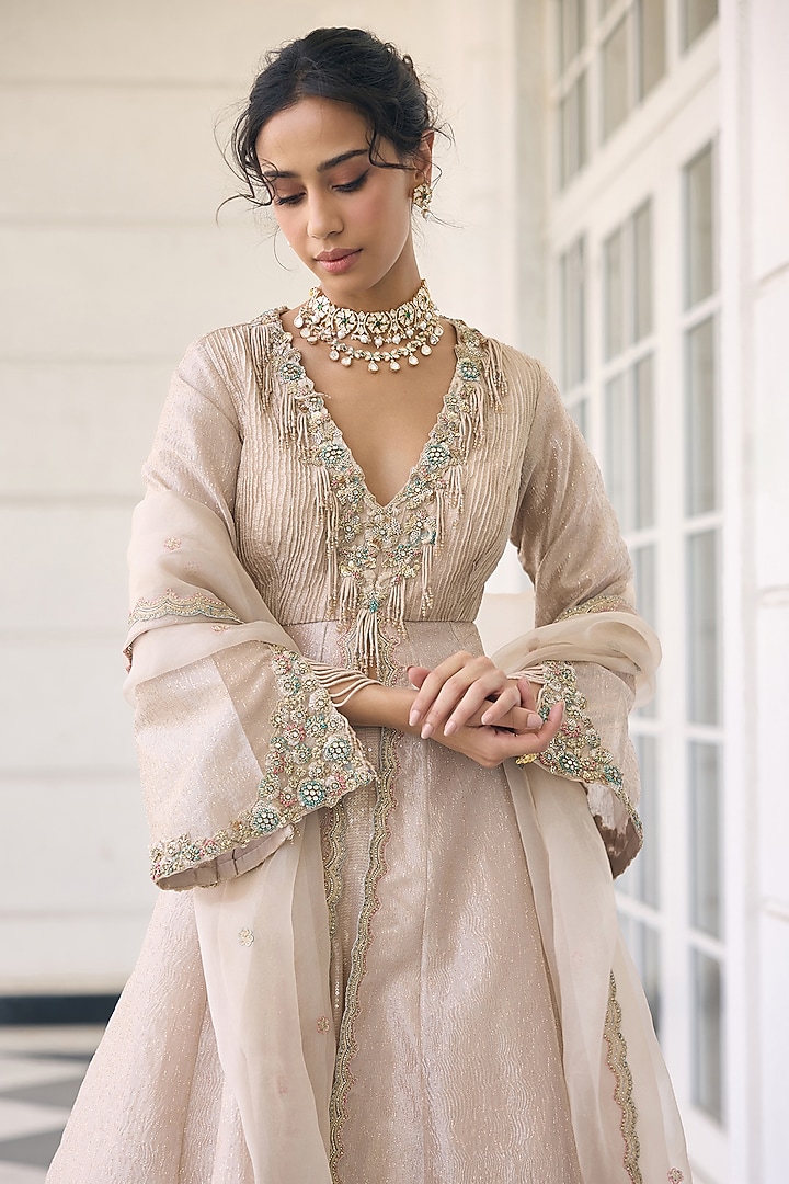 Ivory Tissue & Organza Embellished Bridal Anarkali Set by AWIGNA BY VARSHA & RITTU at Pernia's Pop Up Shop