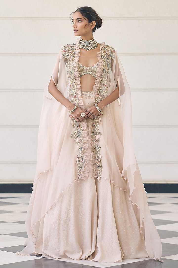 Ivory Organza Embellished Cape Set  by AWIGNA BY VARSHA & RITTU at Pernia's Pop Up Shop