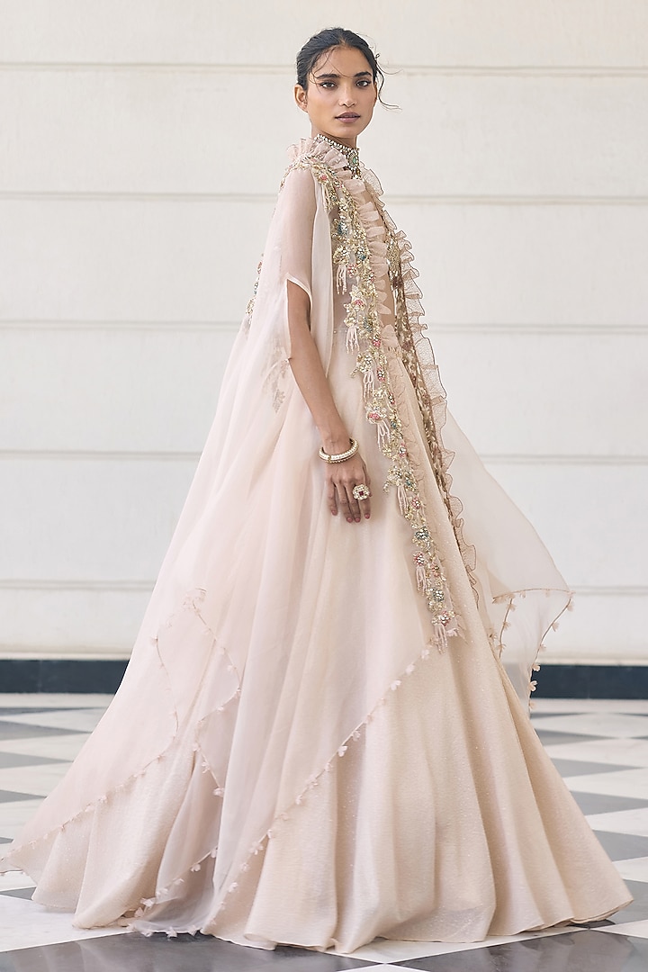 Ivory Organza Embellished Cape Set  by AWIGNA BY VARSHA & RITTU at Pernia's Pop Up Shop