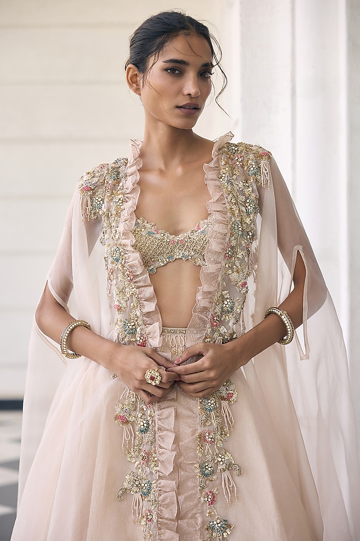 Ivory Organza Embellished Cape Set  by AWIGNA BY VARSHA & RITTU at Pernia's Pop Up Shop