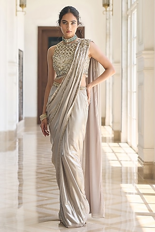 Grey Net & Glass Georgette Draped Saree Set  by AWIGNA BY VARSHA & RITTU