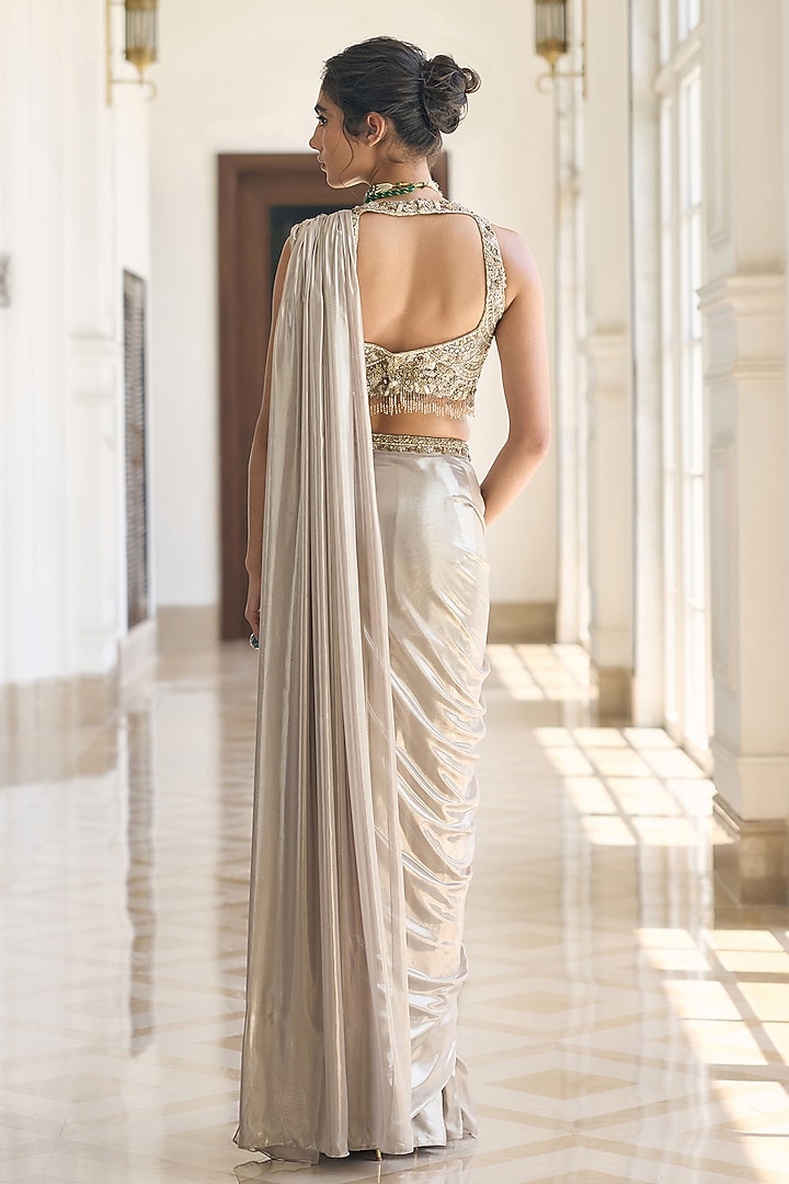 Grey Net & Glass Georgette Draped Wedding Saree Set by AWIGNA BY VARSHA & RITTU at Pernia's Pop Up Shop