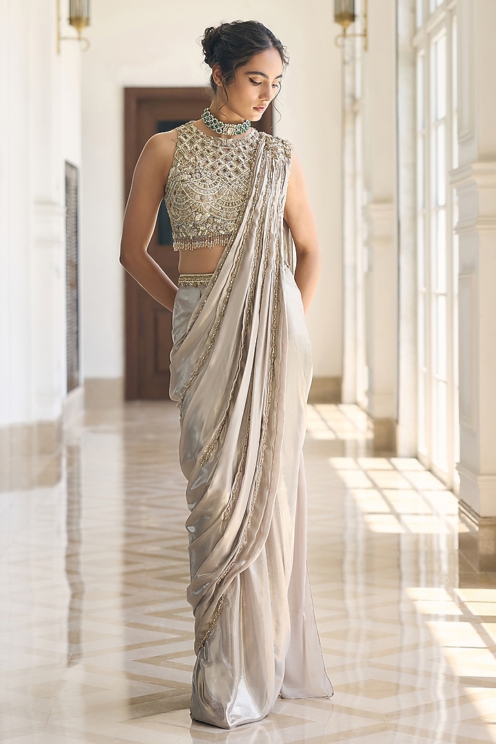 Grey Net & Glass Georgette Draped Wedding Saree Set by AWIGNA BY VARSHA & RITTU at Pernia's Pop Up Shop