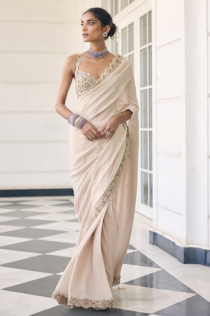 Champagne Ivory Net & Shimmer Georgette Embellished Reception Saree Set by AWIGNA BY VARSHA & RITTU at Pernia's Pop Up Shop