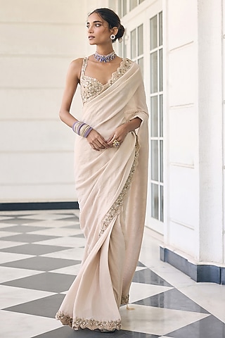 Champagne Ivory Net & Shimmer Georgette Embellished Saree Set  by AWIGNA BY VARSHA & RITTU