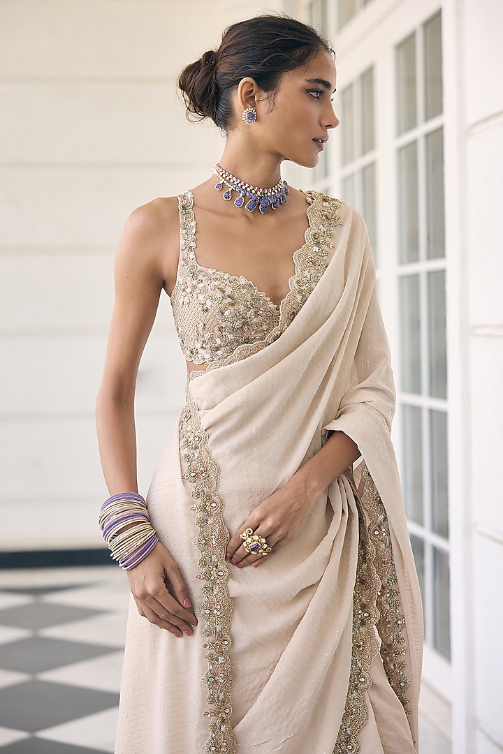 Champagne Ivory Net & Shimmer Georgette Embellished Reception Saree Set  by AWIGNA BY VARSHA & RITTU at Pernia's Pop Up Shop