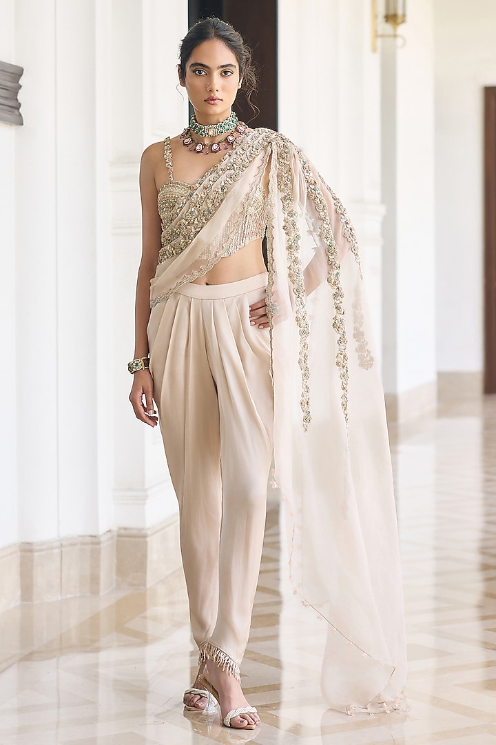 Ivory Net & Georgette Embellished Draped Dhoti Pant Set by AWIGNA BY VARSHA & RITTU at Pernia's Pop Up Shop