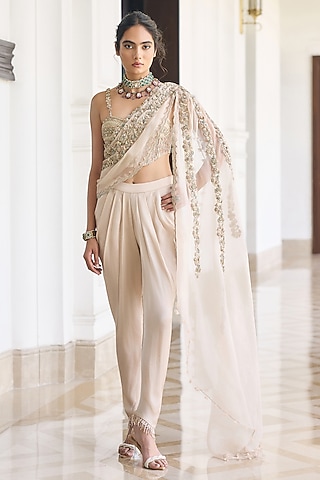Ivory Net & Georgette Embellished Draped Dhoti Pant Set  by AWIGNA BY VARSHA & RITTU