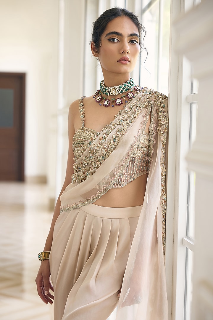 Ivory Net & Georgette Embellished Draped Dhoti Pant Set by AWIGNA BY VARSHA & RITTU at Pernia's Pop Up Shop