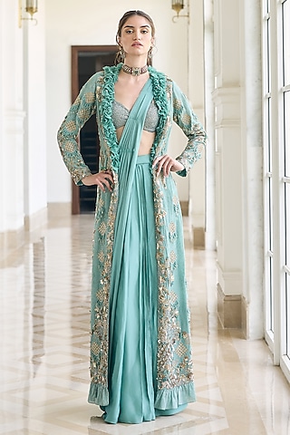 Teal Blue Modal Satin & Flat Chiffon Embroidered Jacket Saree Set by AWIGNA BY VARSHA & RITTU