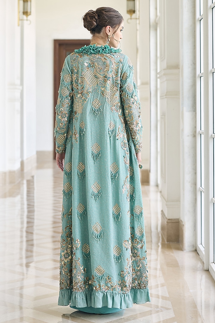 Teal Blue Modal Satin & Flat Chiffon Embroidered Jacket Reception Saree Set by AWIGNA BY VARSHA & RITTU at Pernia's Pop Up Shop
