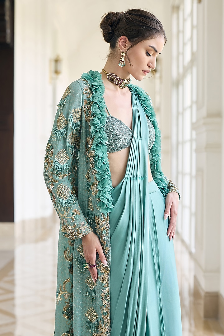 Teal Blue Modal Satin & Flat Chiffon Embroidered Jacket Reception Saree Set by AWIGNA BY VARSHA & RITTU at Pernia's Pop Up Shop