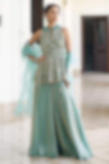 Teal Blue Fendi Organza Embellished Skirt Set by AWIGNA BY VARSHA & RITTU at Pernia's Pop Up Shop