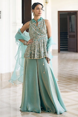 Teal Blue Fendi Organza Embellished Skirt Set by AWIGNA BY VARSHA & RITTU