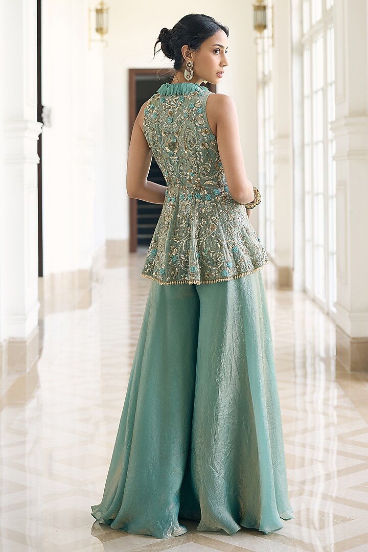 Teal Blue Fendi Organza Embellished Skirt Set by AWIGNA BY VARSHA & RITTU at Pernia's Pop Up Shop