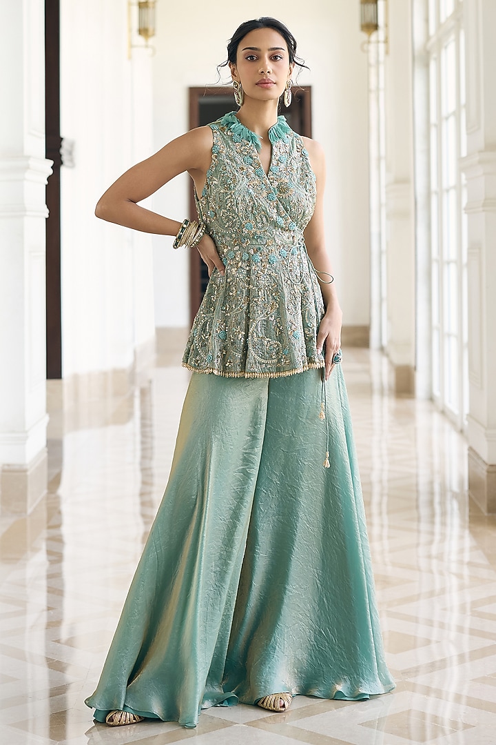 Teal Blue Fendi Organza Embellished Skirt Set by AWIGNA BY VARSHA & RITTU at Pernia's Pop Up Shop