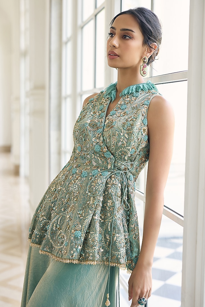 Teal Blue Fendi Organza Embellished Skirt Set by AWIGNA BY VARSHA & RITTU at Pernia's Pop Up Shop