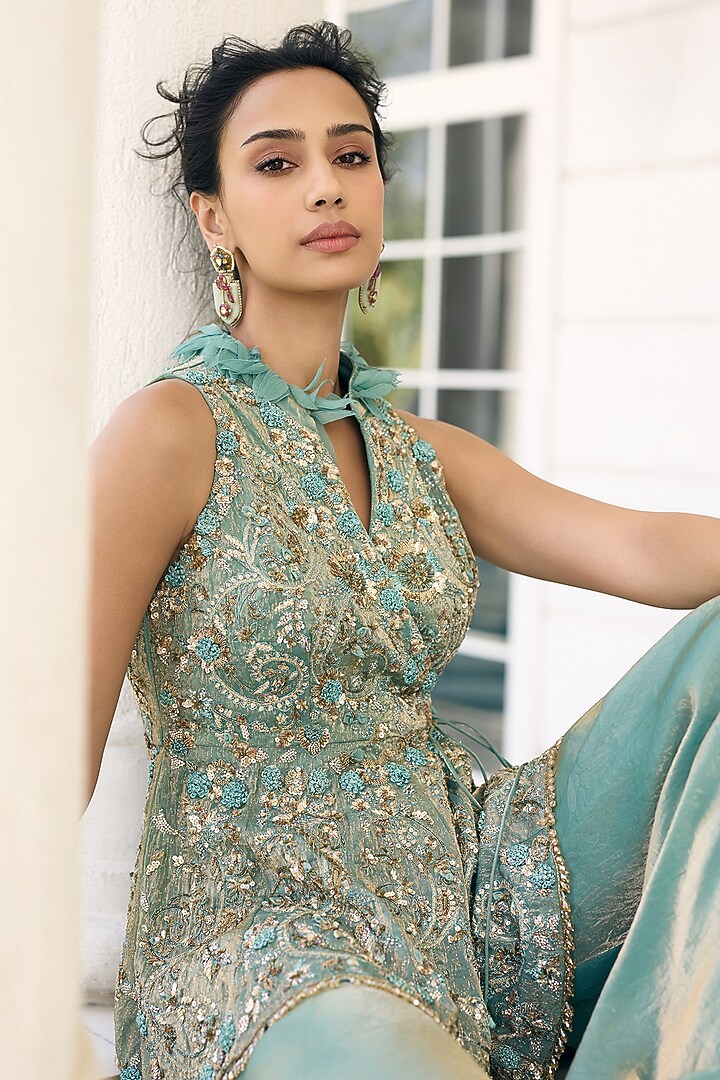 Teal Blue Fendi Organza Embellished Skirt Set by AWIGNA BY VARSHA & RITTU at Pernia's Pop Up Shop