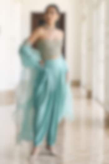 Teal Blue Modal Satin Dhoti Set by AWIGNA BY VARSHA & RITTU at Pernia's Pop Up Shop