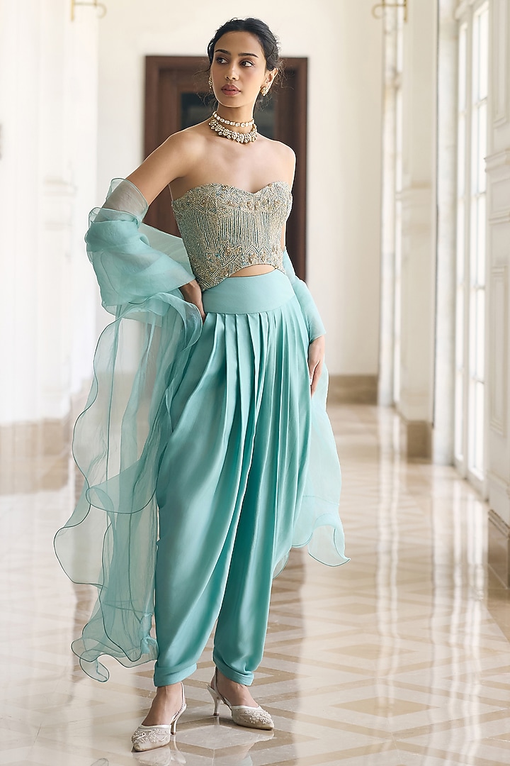 Teal Blue Modal Satin Dhoti Set by AWIGNA BY VARSHA & RITTU at Pernia's Pop Up Shop