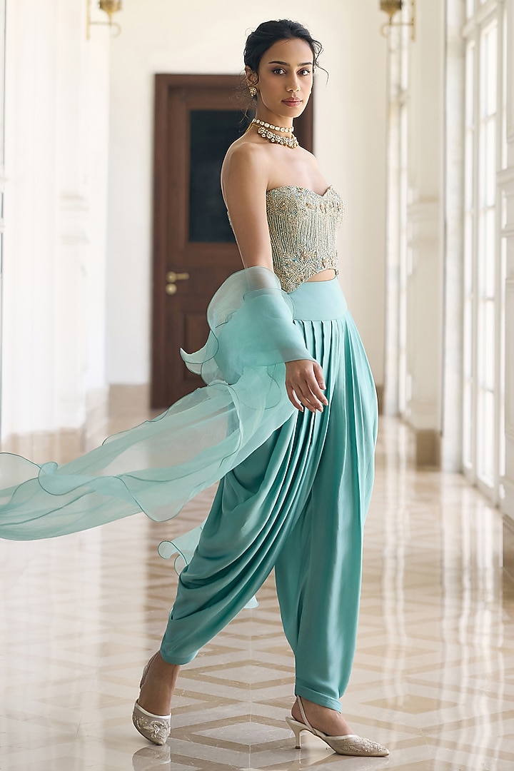 Teal Blue Modal Satin Dhoti Set by AWIGNA BY VARSHA & RITTU at Pernia's Pop Up Shop