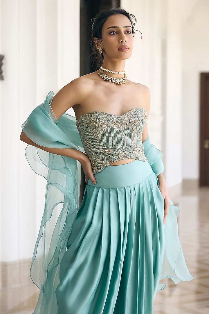Teal Blue Modal Satin Dhoti Set by AWIGNA BY VARSHA & RITTU at Pernia's Pop Up Shop