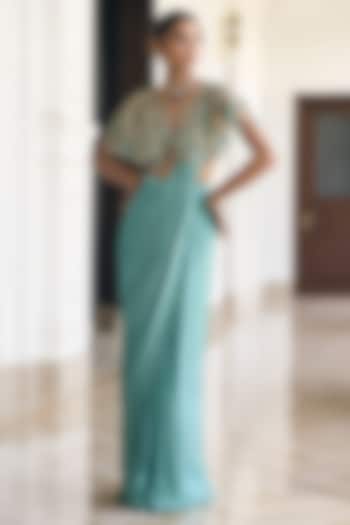 Aqua Chiffon Draped Jacket Wedding Saree Set by AWIGNA BY VARSHA & RITTU at Pernia's Pop Up Shop