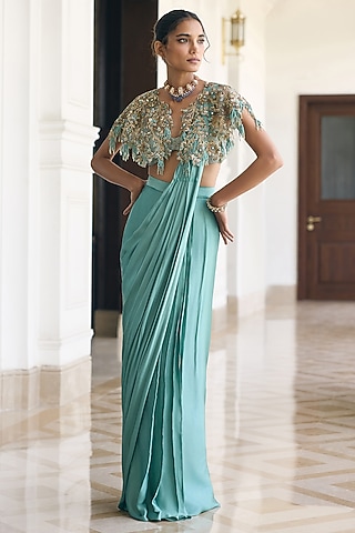 Aqua Chiffon Draped Jacket Saree Set by AWIGNA BY VARSHA & RITTU