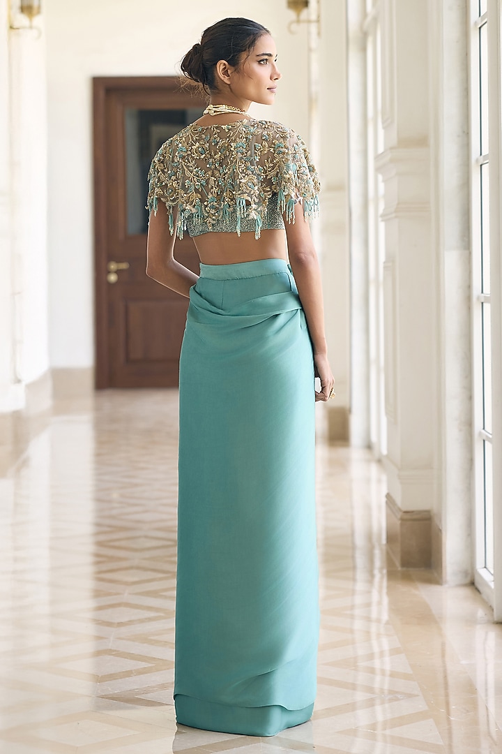 Aqua Chiffon Draped Jacket Wedding Saree Set by AWIGNA BY VARSHA & RITTU at Pernia's Pop Up Shop