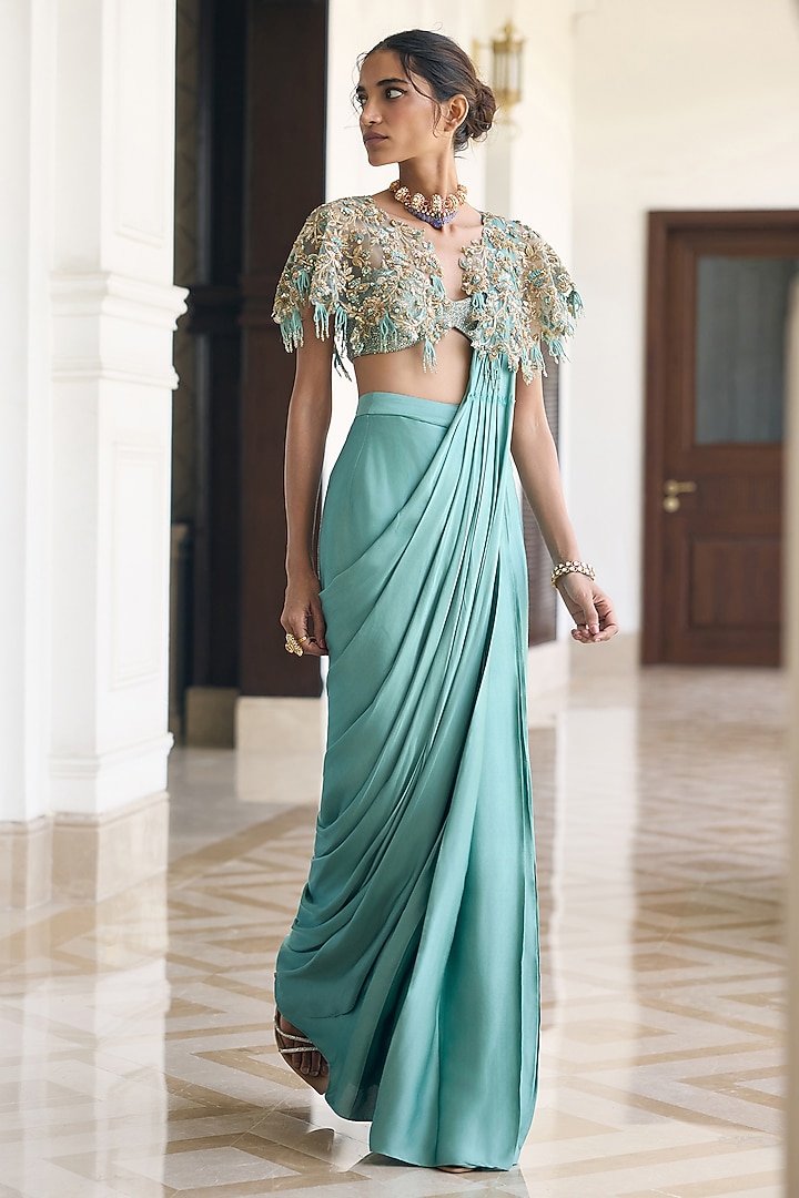 Aqua Chiffon Draped Jacket Wedding Saree Set by AWIGNA BY VARSHA & RITTU at Pernia's Pop Up Shop