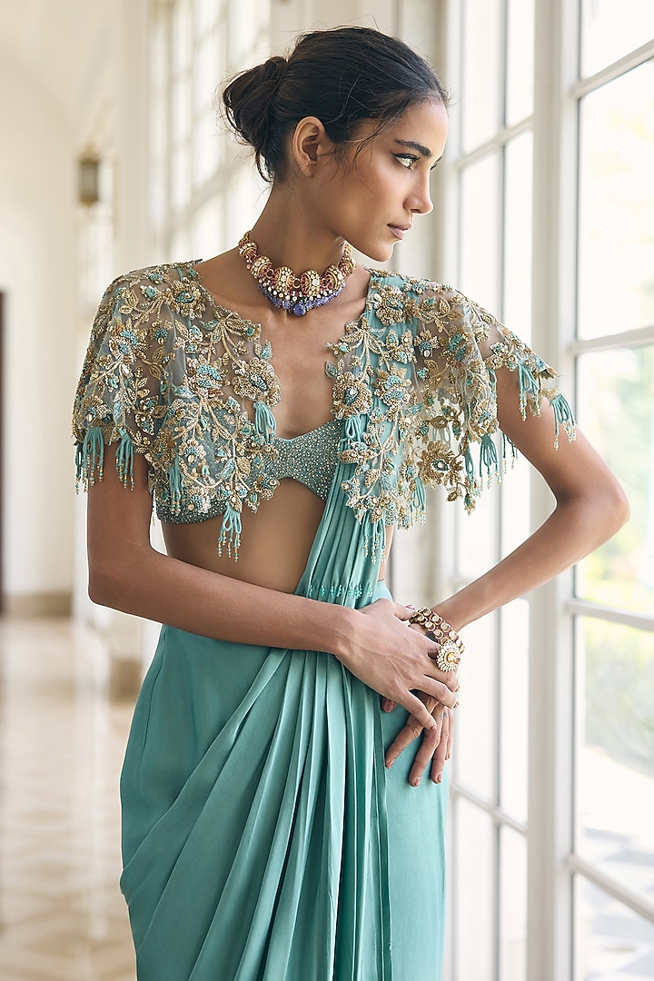 Aqua Chiffon Draped Jacket Wedding Saree Set by AWIGNA BY VARSHA & RITTU at Pernia's Pop Up Shop