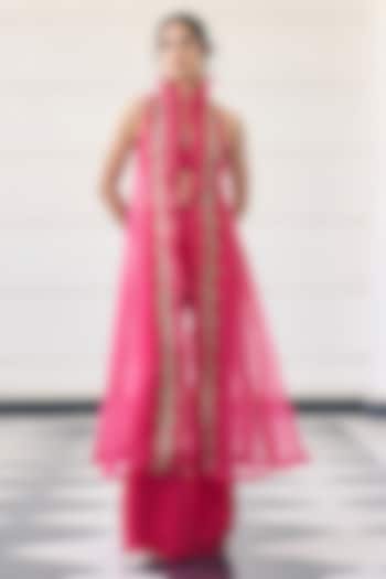 Pink Shimmer Linen Embroidered Jacket Set by AWIGNA BY VARSHA & RITTU at Pernia's Pop Up Shop
