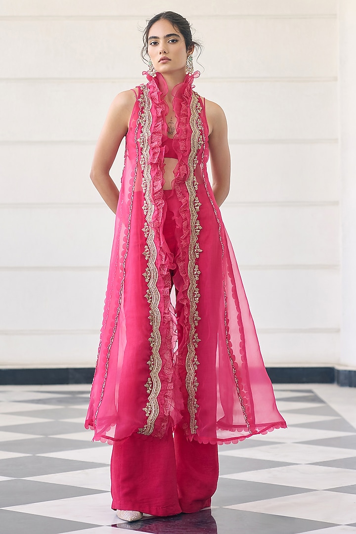 Pink Shimmer Linen Embroidered Jacket Set by AWIGNA BY VARSHA & RITTU at Pernia's Pop Up Shop