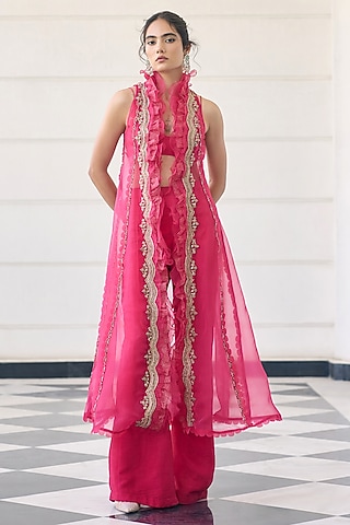 Pink Shimmer Linen Embroidered Jacket Set by AWIGNA BY VARSHA & RITTU