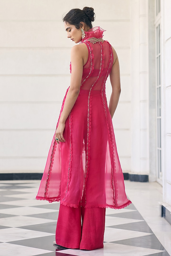 Pink Shimmer Linen Embroidered Jacket Set by AWIGNA BY VARSHA & RITTU at Pernia's Pop Up Shop