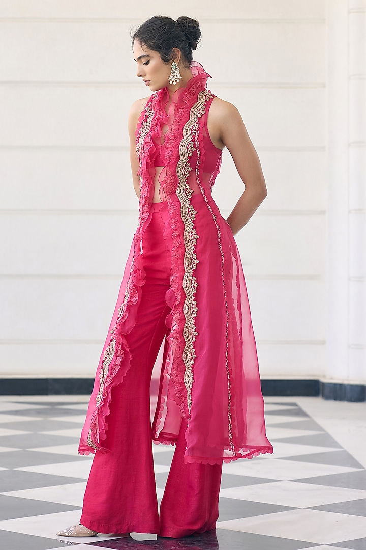 Pink Shimmer Linen Embroidered Jacket Set by AWIGNA BY VARSHA & RITTU at Pernia's Pop Up Shop