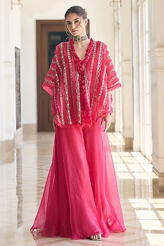 Pink Organza Sequin Embroidered Kaftan Set by AWIGNA BY VARSHA & RITTU