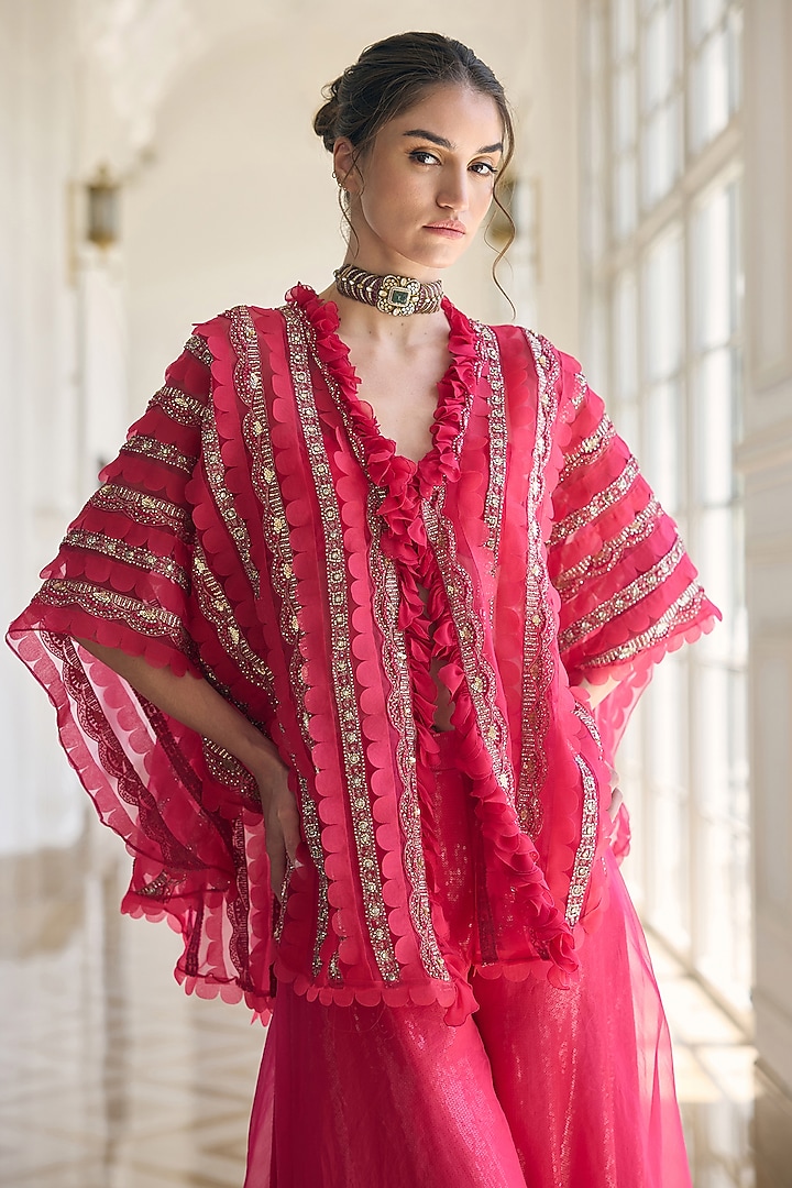 Pink Organza Sequin Embroidered Kaftan Set by AWIGNA BY VARSHA & RITTU at Pernia's Pop Up Shop