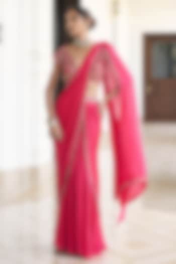 Pink Satin Georgette Embroidered Draped Wedding Saree Set by AWIGNA BY VARSHA & RITTU at Pernia's Pop Up Shop