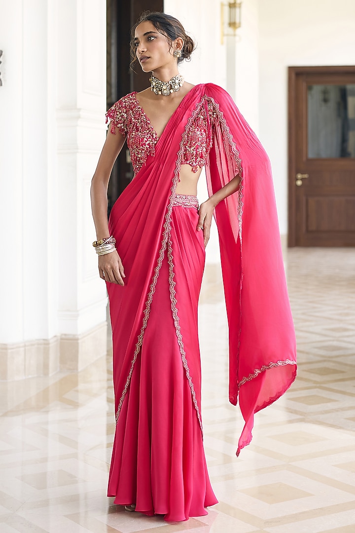 Pink Satin Georgette Embroidered Draped Wedding Saree Set by AWIGNA BY VARSHA & RITTU at Pernia's Pop Up Shop