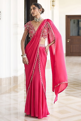 Pink Satin Georgette Embroidered Draped Saree Set by AWIGNA BY VARSHA & RITTU