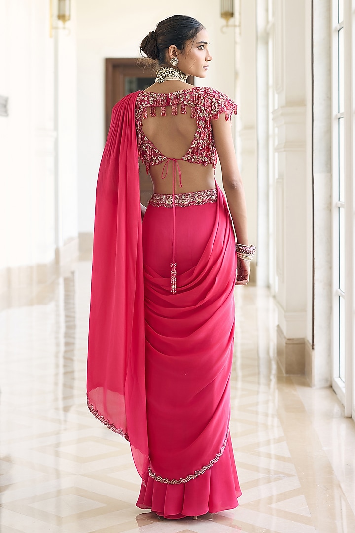 Pink Satin Georgette Embroidered Draped Wedding Saree Set by AWIGNA BY VARSHA & RITTU at Pernia's Pop Up Shop