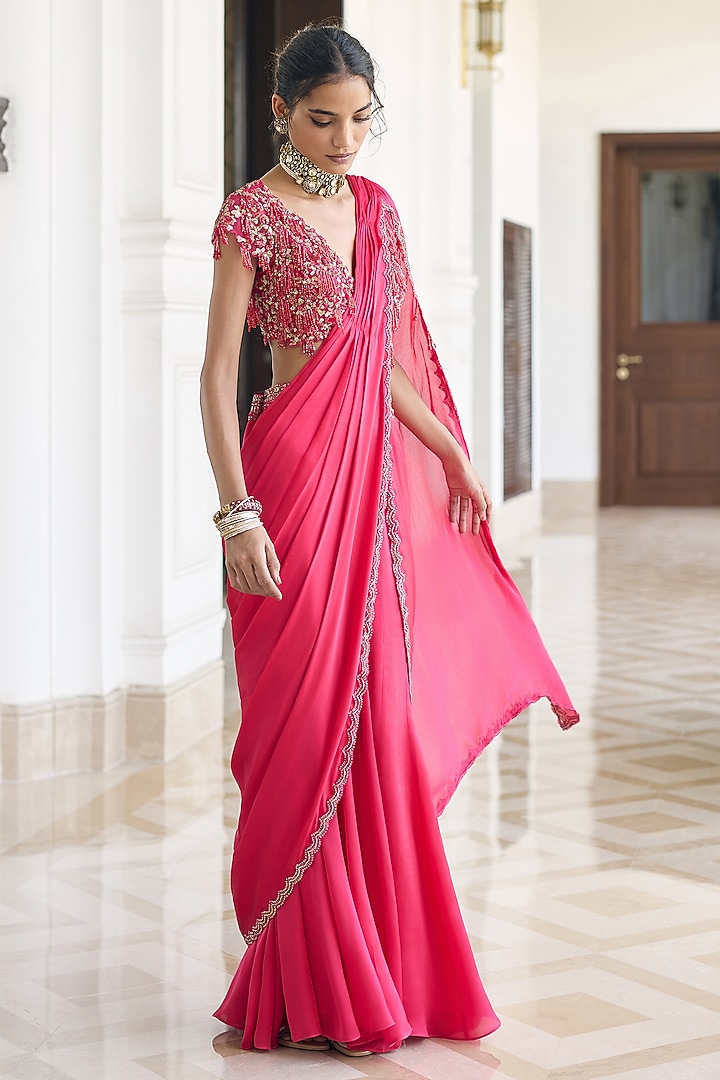 Pink Satin Georgette Embroidered Draped Wedding Saree Set by AWIGNA BY VARSHA & RITTU at Pernia's Pop Up Shop