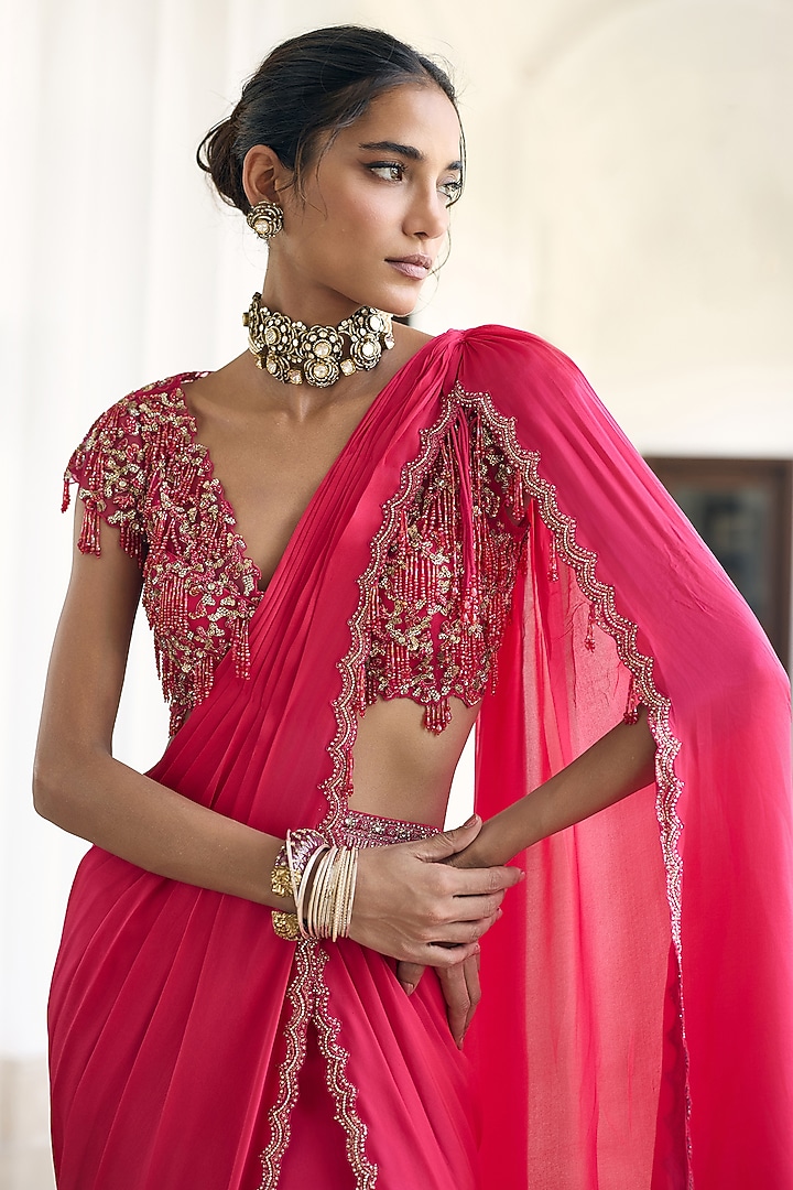 Pink Satin Georgette Embroidered Draped Wedding Saree Set by AWIGNA BY VARSHA & RITTU at Pernia's Pop Up Shop