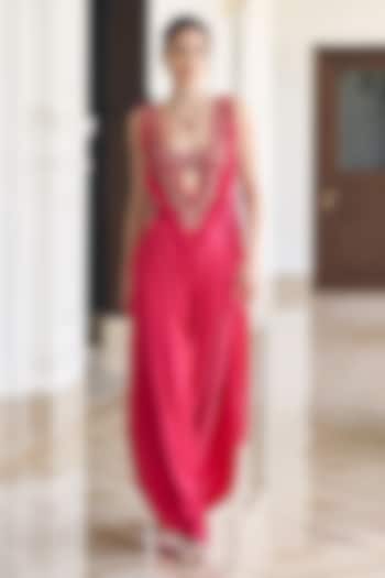 Pink Modal Satin Embroidered Jumpsuit by AWIGNA BY VARSHA & RITTU at Pernia's Pop Up Shop