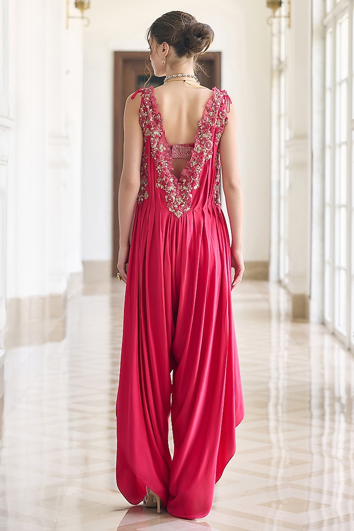 Pink Modal Satin Embroidered Jumpsuit by AWIGNA BY VARSHA & RITTU at Pernia's Pop Up Shop