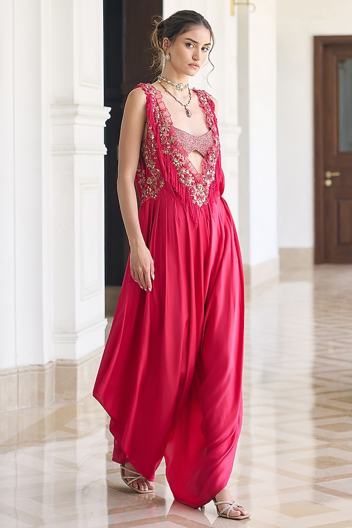 Pink Modal Satin Embroidered Jumpsuit by AWIGNA BY VARSHA & RITTU at Pernia's Pop Up Shop