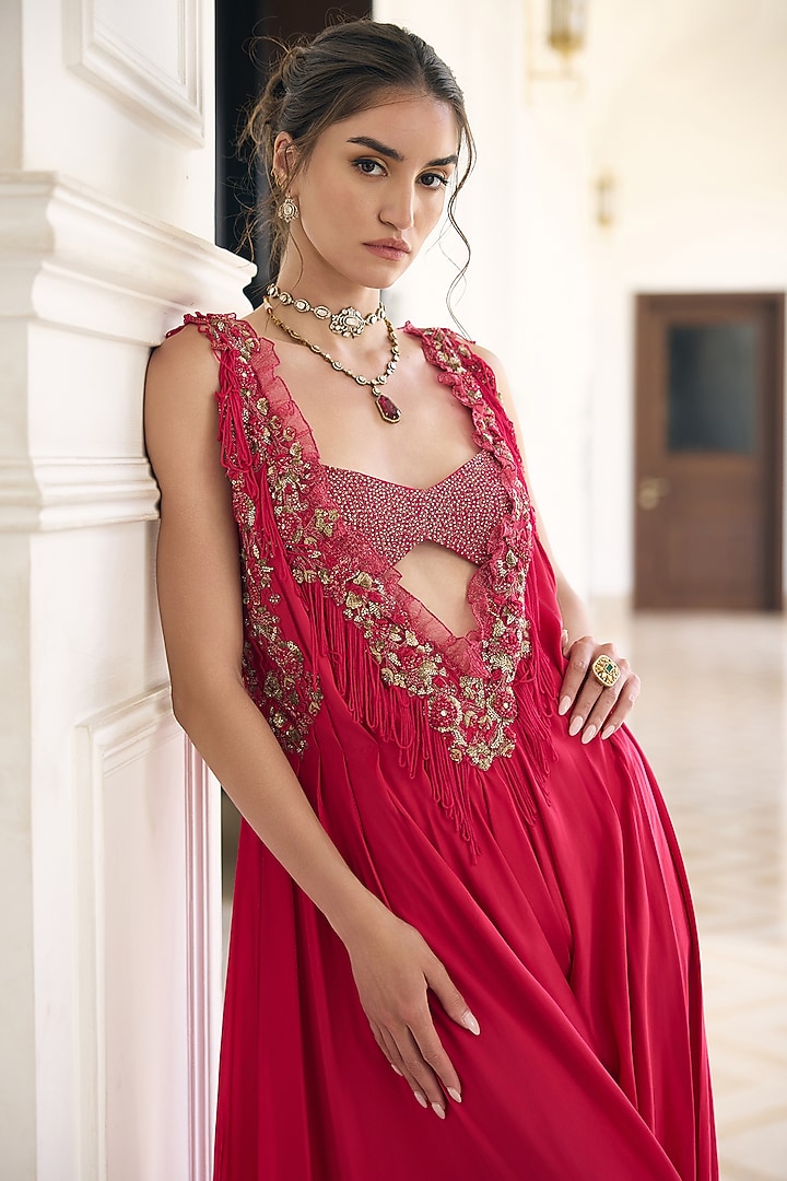 Pink Modal Satin Embroidered Jumpsuit by AWIGNA BY VARSHA & RITTU at Pernia's Pop Up Shop